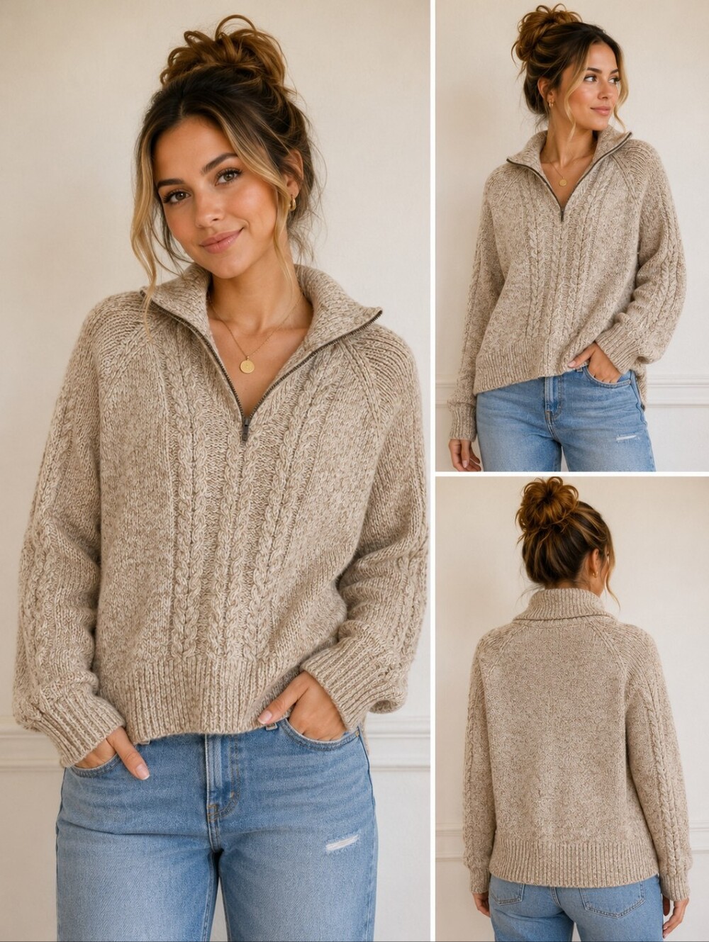 Darling Beige Cable Knit Half-Zip Sweater